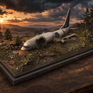 Crashed Airplane Diorama STL File | Broken Aircraft Wreck Terrain | Post Apocalyptic Scene | 3D Print Model | Tabletop Miniature Scenery