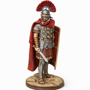 May include: A detailed figurine of a Roman soldier, clad in silver armor with gold accents, a red cape, and a matching helmet. The soldier holds a sword and shield, standing on a circular base. The figurine is approximately 6 inches tall.