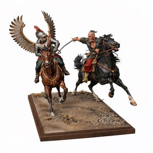 May include: A detailed figurine showing two mounted figures engaged in combat. One figure, in armour and large feathered wings, rides a brown horse. The other, on a black horse, brandishes a sword. The base is a rectangular, brown platform.