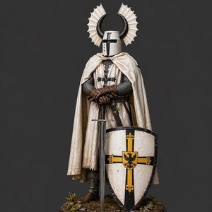 May include: A detailed figurine of a medieval knight in full armour, including a helmet with a cross, a white cape, and a shield with a black and yellow cross design. The knight is holding a sword and is standing on a small, detailed base.