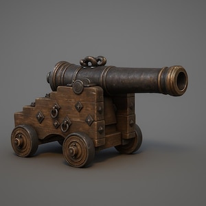 Könnte beinhalten: Ein Miniatur-Antiquitätenkanone aus Holz und Metall. Der Kanonenlauf ist dunkelbraun mit einer bronzefarbenen Mündung. Das hölzerne Gestell ist braun mit dekorativen Metallakzenten und kleinen Rädern. Ein historisches oder nautisches Thema.
