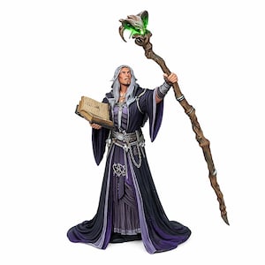 May include: A figurine of a wizard in a long black and purple robe, holding a staff with a skull-shaped top and a glowing green gem. The wizard also holds a book with gold-colored pages.
