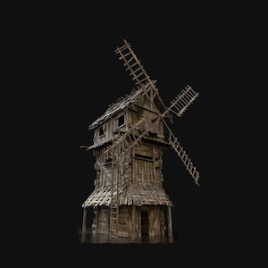 May include: A weathered wooden windmill with a rustic design. The structure features multiple levels, a ladder, and large blades. The windmill is constructed from aged wood, giving it a vintage appearance. The blades are attached to the top of the structure.