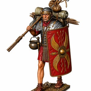 Puede incluir: Figura detallada de un legionario romano, vestido con armadura y túnica roja. Lleva un escudo con un emblema alado dorado, una lanza y una mochila con herramientas. La figura se alza sobre una base de piedra, mostrando detalles históricos.