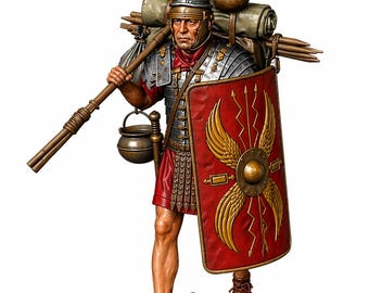 May include: A detailed figurine of a Roman legionary, clad in armor and a red tunic. He carries a shield with a golden winged emblem, a spear, and a pack with tools. The figure stands on a stone base, showcasing historical detail.