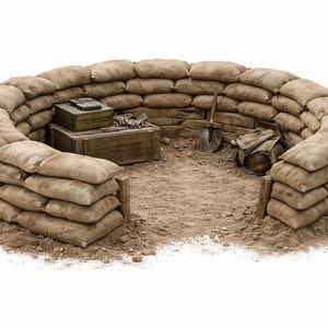 May include: A detailed diorama of a World War I trench, constructed with sandbags. Inside the trench are wooden crates, a shovel, a helmet, and other military equipment. The scene is set on a sandy ground.