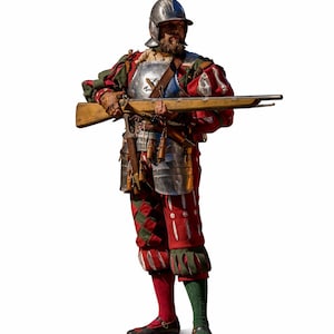 May include: A person in historical military attire, holding a long gun. The outfit includes a metal helmet, chest armour, and a red and green patterned doublet and breeches. The person is wearing black shoes and holding the gun with both hands.