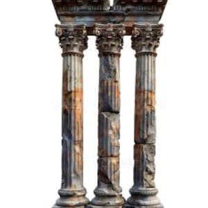 Puede incluir: Tres columnas de piedra desgastadas con capiteles ornamentados y fustes acanalados. Las columnas son en tonos grises, marrones y naranjas, con signos visibles de edad y desgaste. El fondo es blanco.
