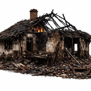 Modèle 3D d'une maison détruite par la Seconde Guerre mondiale - Ruines brûlées, modèle d'impression 3D, bâtiment endommagé par la guerre, terrain de diorama