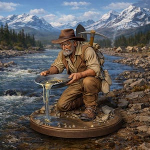 May include: A detailed illustration of a gold prospector kneeling by a river, panning for gold. The man wears a brown hat, vest, and pants. A pickaxe and backpack are visible. The background features snow-capped mountains, trees, and a flowing river.