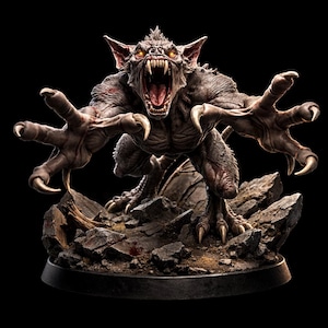 May include: A detailed sculpture of a monstrous creature with sharp claws, fangs, and glowing yellow eyes. The figure is posed aggressively on a rocky base, with a dark background. The creature's skin is a mix of gray and brown tones.