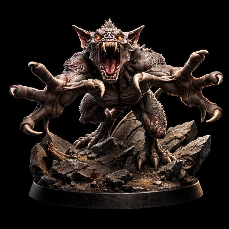 May include: A detailed sculpture of a monstrous creature with sharp claws, fangs, and glowing yellow eyes. The figure is posed aggressively on a rocky base, with a dark background. The creature's skin is a mix of gray and brown tones.