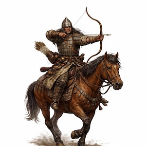 May include: An illustration of a warrior on horseback, drawing a bow. The warrior wears a helmet and armor, and the horse is brown. The warrior is aiming at a target. The image is set against a white background.