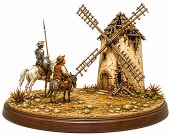 Diorama di Don Chisciotte e Sancho Panza in formato STL, scena del mulino a vento, modello per stampa 3D (download digitale)