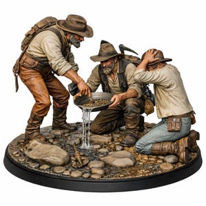 May include: A detailed figurine depicting three prospectors panning for gold. The figures are dressed in period clothing, with hats, boots, and backpacks. One figure pours water over a pan of gravel, while another kneels, and the third stands. The base is a circular, black platform.