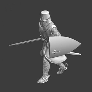 Medieval Crusader Knight advancing. 3D resin miniature, printed on a 3D printer. Tabletop gaming figure. 3D figure 55mm, 75mm, 90mm, 120mm.