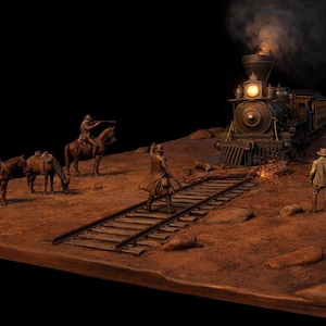 May include: A detailed diorama depicting a Wild West scene with a steam train, cowboys, horses, and a desert landscape. The train is emitting smoke, and sparks fly from the tracks. The scene is set on a brown base.