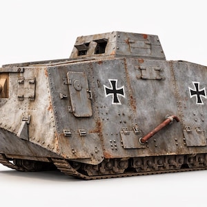 Puede incluir: Un tanque gris desgastado, con exterior de metal remachado y óxido visible. Cuenta con un cañón, orugas y una insignia de cruz negra. El diseño sugiere un vehículo militar histórico.