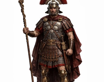 May include: A detailed illustration of a Roman soldier in full armor. The soldier wears a red cape, a metal helmet with a red plume, and gold-colored greaves. He holds a staff and a sword is at his side. The armor is detailed with metal plates and chainmail.