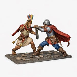 May include: A detailed miniature diorama depicting a battle scene. Two figures are engaged in combat: one in traditional indigenous attire with a feathered headdress, and the other in conquistador armor. Both figures are posed dynamically on a stone base.