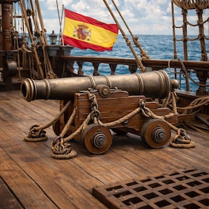 Puede incluir: Vista detallada de la cubierta de un barco con un cañón de bronce sobre un afuste de madera. La bandera española ondea al fondo contra el mar y el cielo azul. Cuerdas y aparejos completan la escena náutica.