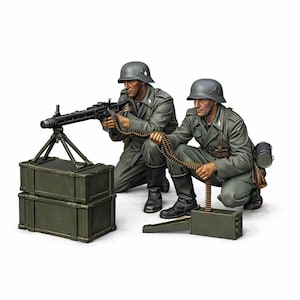 May include: A detailed illustration of two soldiers in gray uniforms and helmets, kneeling with a machine gun and ammunition. The gun is mounted on a tripod, and there are two green ammunition boxes. The scene is set against a white background.