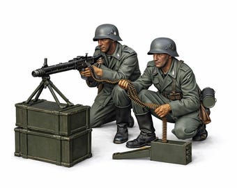 Puede incluir: Ilustración detallada de dos soldados con uniformes y cascos grises, arrodillados con una ametralladora y munición. El arma está montada sobre un trípode, y hay dos cajas de munición verdes. Fondo blanco.