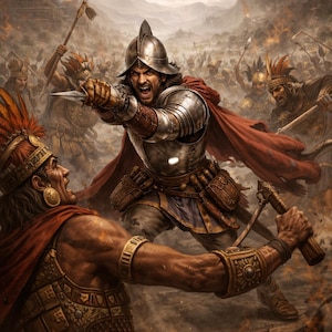 May include: An illustration of a historical battle scene. A conquistador in silver armor and a red cape lunges forward, knife in hand, facing an indigenous warrior. The background shows a burning city and a large army.