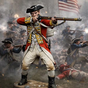 May include: A detailed figurine of a soldier in a red coat, white pants, and black boots, aiming a musket. The figure stands on a small base, with a backdrop of a battlefield and an American flag. The scene depicts a historical battle.