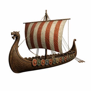 May include: A detailed illustration of a Viking longship. The wooden ship features a dragon head at the bow, a striped red and white sail, and a row of colourful shields along the side. Oars are visible, suggesting the ship is ready for travel.