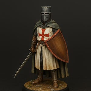 May include: A detailed miniature of a medieval knight in full armor. The knight wears a helmet, chainmail, and a white tunic with a red cross. He holds a sword and a shield with a brown finish. The figure stands on a circular base.