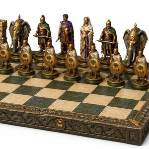 Puede incluir: Un juego de ajedrez detallado con piezas de estilo romano. Las piezas incluyen soldados, elefantes y torres, todo en tonos dorados y bronce. El tablero de ajedrez tiene un patrón de cuadros verdes y beige, con un borde decorativo.