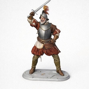 May include: A detailed figurine of a conquistador in historical attire, holding a sword aloft. The figure wears a silver breastplate, a helmet with a feather plume, and a red and brown outfit. The base is a light gray oval.