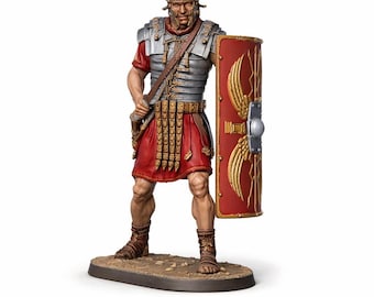 May include: A detailed figurine of a Roman legionary, clad in silver armor, a red tunic, and a matching skirt. The legionary holds a red shield with gold wing designs. The figure stands on a brown base, showcasing historical military attire.