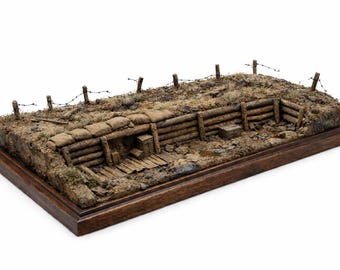 WW1 Graben-Diorama-Basis STL – Detaillierter Baumstamm, verstärkter Graben mit Stacheldraht – 3D Druckbares Schlachtfeld-Gelände – Digitaler Download