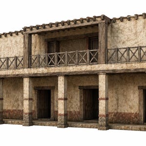 Peut inclure: Un bâtiment à deux étages avec un extérieur en stuc vieilli et des accents en bois. Le bâtiment comprend un balcon avec une balustrade en bois et des colonnes soutenant un porche couvert. La palette de couleurs est principalement beige et marron, évoquant une esthétique rustique.