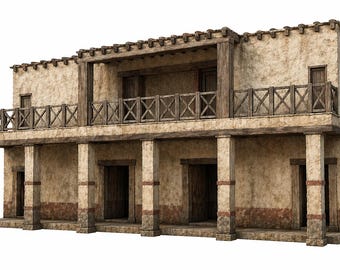 May include: A two-story building with a weathered, stucco exterior and wooden accents. The building features a balcony with a wooden railing and columns supporting a covered porch. The color palette is primarily beige and brown, evoking a rustic aesthetic.