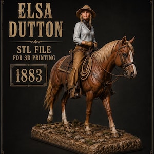 Könnte beinhalten: Detaillierte 3D-gedruckte Figur von Elsa Dutton auf einem Pferd, mit dem Text "ELSA DUTTON STL FILE FOR 3D PRINTING 1883". Die Figur trägt Kleidung aus der Zeit, mit Hut und Seil.