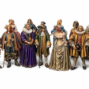 Könnte beinhalten: Eine Sammlung von elf Miniaturfiguren, die Personen in aufwendiger historischer Kleidung darstellen, darunter lange Mäntel, Spitzenkragen, weite Röcke und zeitgenössische Hüte, in verschiedenen Farben wie Rot, Violett, Gold und Blau.