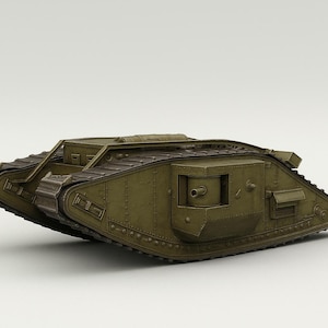 以下が含まれることがあります： オリーブドラブ色の戦車模型。詳細なキャタピラ、リベット、砲口が特徴。戦車は長方形の車体で、前面が傾斜し、上面は平ら。白い背景に配置されています。