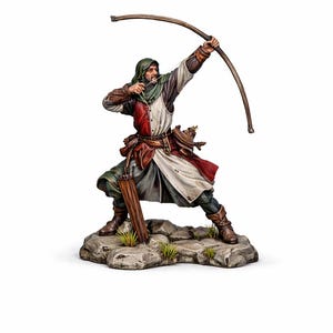 May include: A detailed figurine of a medieval archer in a dynamic pose, drawing a bow. The archer wears a hooded tunic in red, white, and green, with brown leather accents. The figure stands on a rocky base with grass.