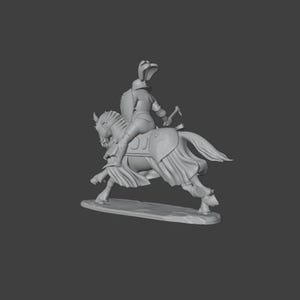 K&ouml;nnte beinhalten: Graue Figur eines Ritters in R&uuml;stung auf einem Pferd. Der Ritter h&auml;lt eine Waffe. Das Pferd galoppiert, mit detaillierter R&uuml;stung und flie&szlig;endem Stoff. Die Figur steht auf einem rechteckigen Sockel.