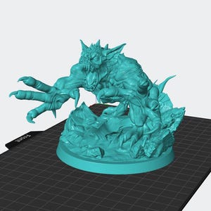May include: A teal-colored monster figurine with sharp claws, teeth, and a menacing expression. The creature is posed on a rocky base, with the word "FRONT" visible on the base. This detailed sculpture is likely for tabletop gaming or display.