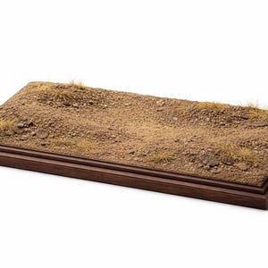 Könnte beinhalten: Rechteckige Diorama-Basis mit dunklem Holzrahmen. Die Oberfläche ist eine detaillierte Miniaturlandschaft aus Erde, kleinen Steinen und spärlichem, trockenem Gras. Ideal für Modellpräsentationen.