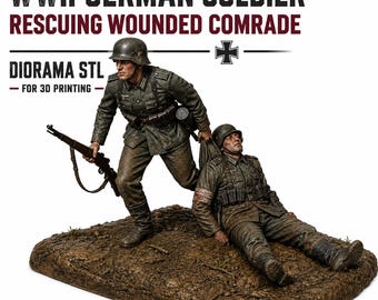 Puede incluir: Un diorama que representa a un soldado alemán de la Segunda Guerra Mundial rescatando a un camarada herido. Las figuras visten uniformes militares y cascos. El diorama está sobre una base marrón texturizada. El texto "WWII GERMAN SOLDIER RESCUING WOUNDED COMRADE" es visible.