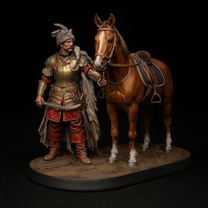 May include: A detailed figurine of a historical figure in ornate armor, holding a sword and standing next to a brown horse with a saddle. The figure wears a fur-trimmed cloak and a hat. The horse has a white stripe on its face.