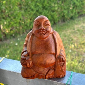 Hand‑Carved Wooden Laughing Buddha (Hotei) Statue | Feng Shui Lucky Charm | Home Decor Gift