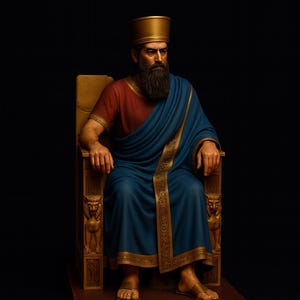 May include: A detailed sculpture of a seated figure, likely a king or ruler, wearing a gold crown and a blue robe with gold trim. The figure has a long, dark beard and is seated on a decorated throne. The sculpture is set against a black background.