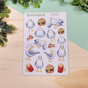 Seagulls! | Cute Seagull & Food Sticker Sheet | 3.5x5 Matte Sticker Sheet for Planners, Journals, Scrapbooking, Kawaii Decoration