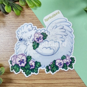 Poule blanche Silkie avec pensée | Autocollant floral en vinyle brillant à motif de poulet | Pour ordinateur portable Journal Articles de bouteille d'eau Décoration Kawaii